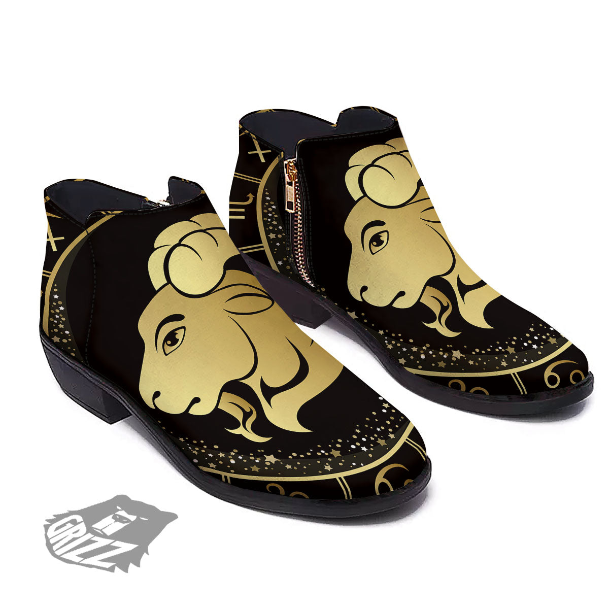 Capricorn Sign Black And Gold Print Ankle Boots-grizzshop