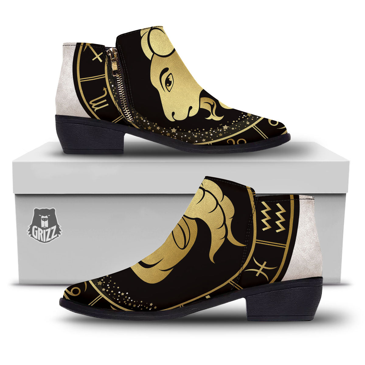 Capricorn Sign Black And Gold Print Ankle Boots-grizzshop