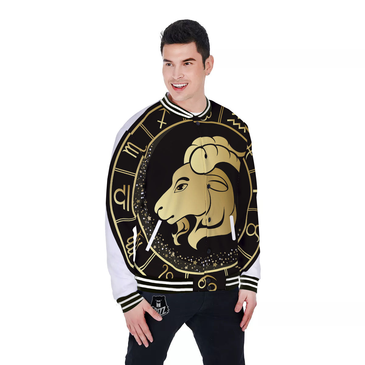 Capricorn Sign Black And Gold Print Baseball Jacket-grizzshop