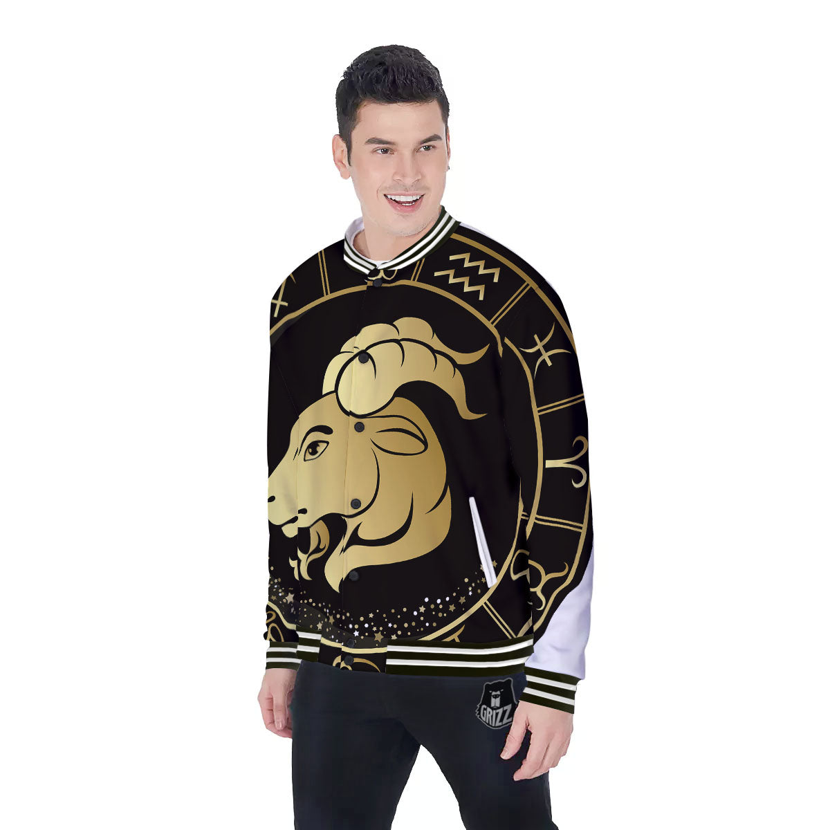 Capricorn Sign Black And Gold Print Baseball Jacket-grizzshop