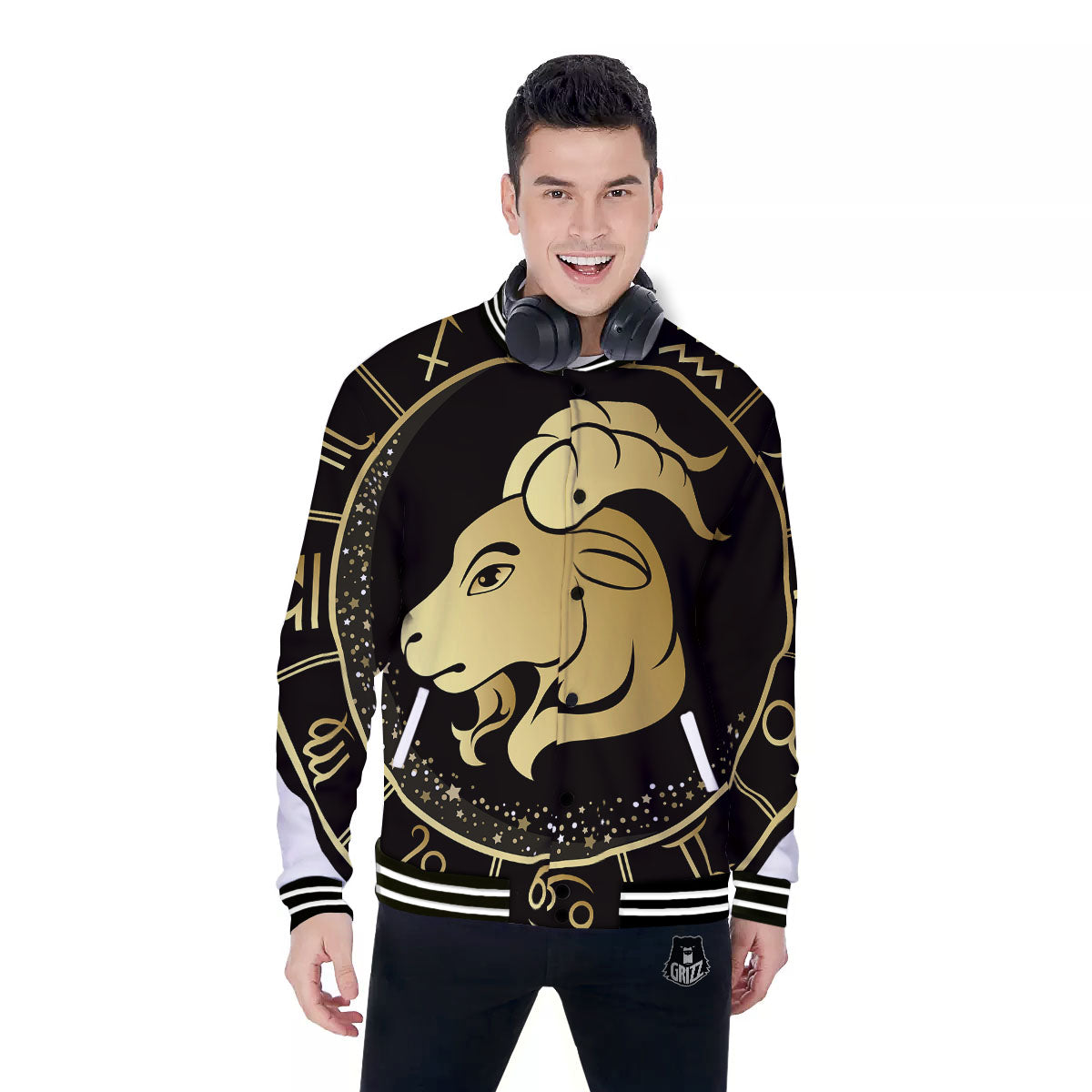 Capricorn Sign Black And Gold Print Baseball Jacket-grizzshop