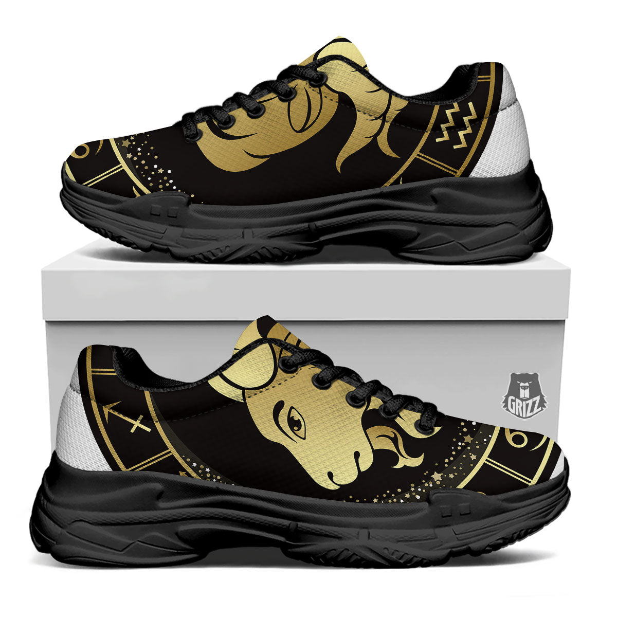 Capricorn Sign Black And Gold Print Black Chunky Shoes-grizzshop