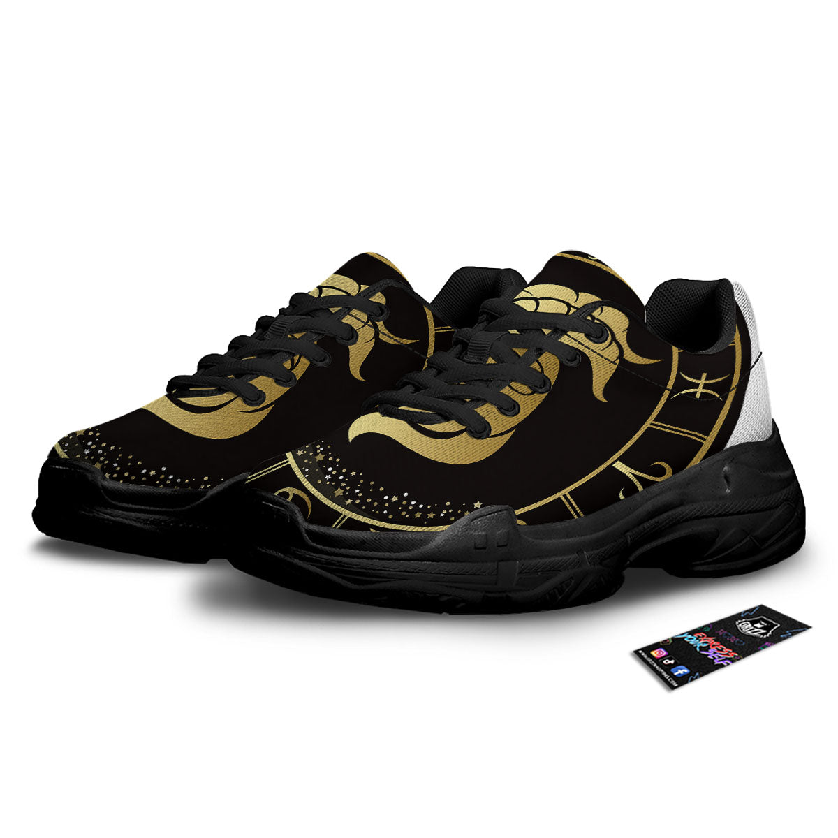 Capricorn Sign Black And Gold Print Black Chunky Shoes-grizzshop