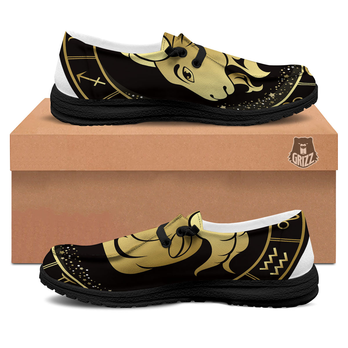 Capricorn Sign Black And Gold Print Black Loafers-grizzshop