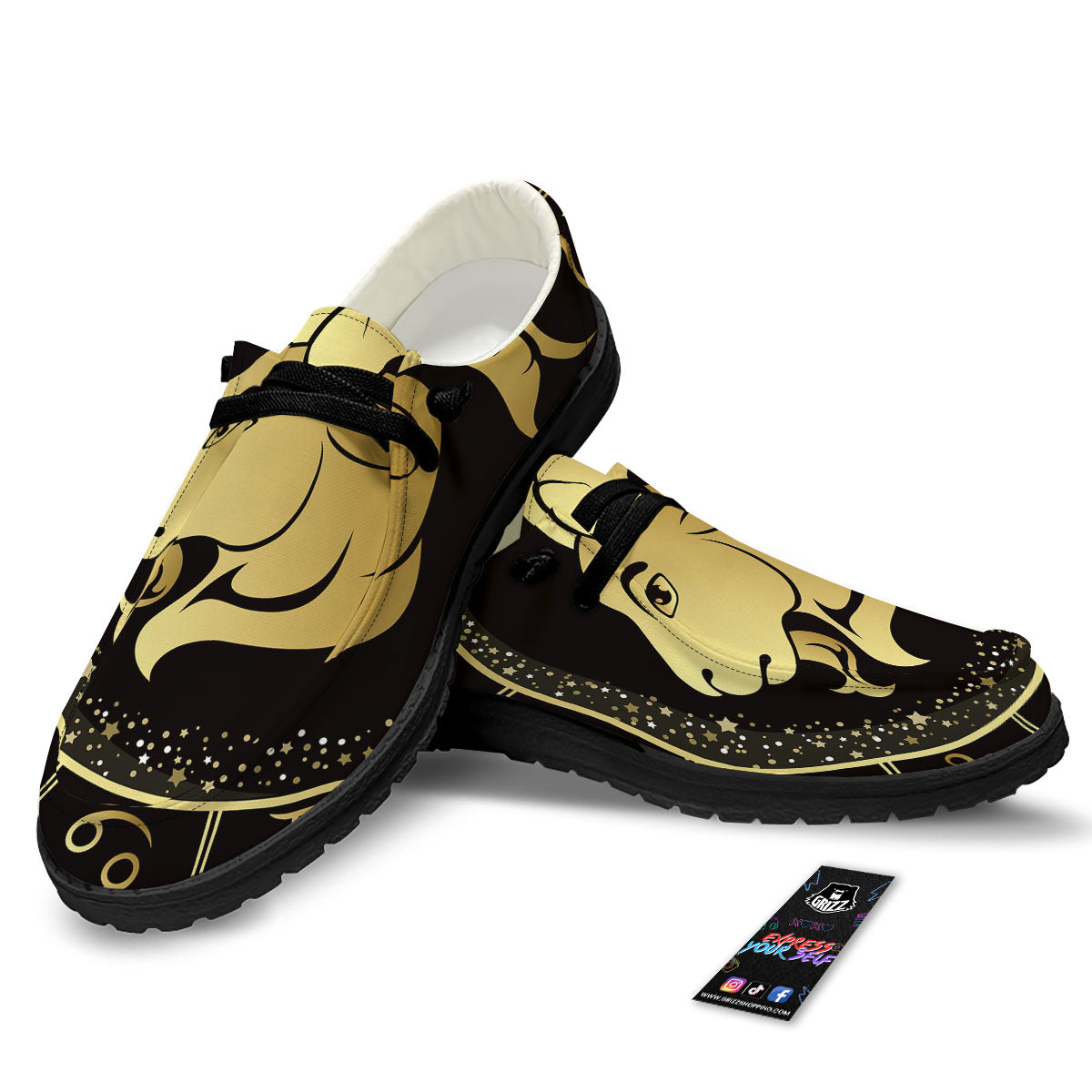 Capricorn Sign Black And Gold Print Black Loafers-grizzshop