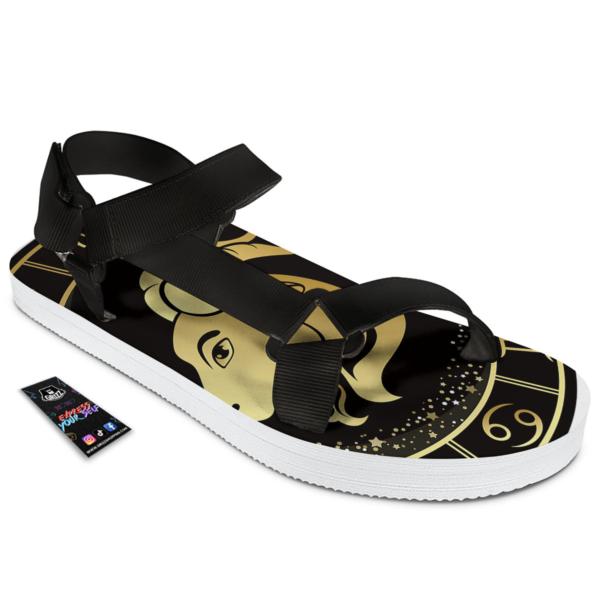 Capricorn Sign Black And Gold Print Black Open Toe Sandals-grizzshop