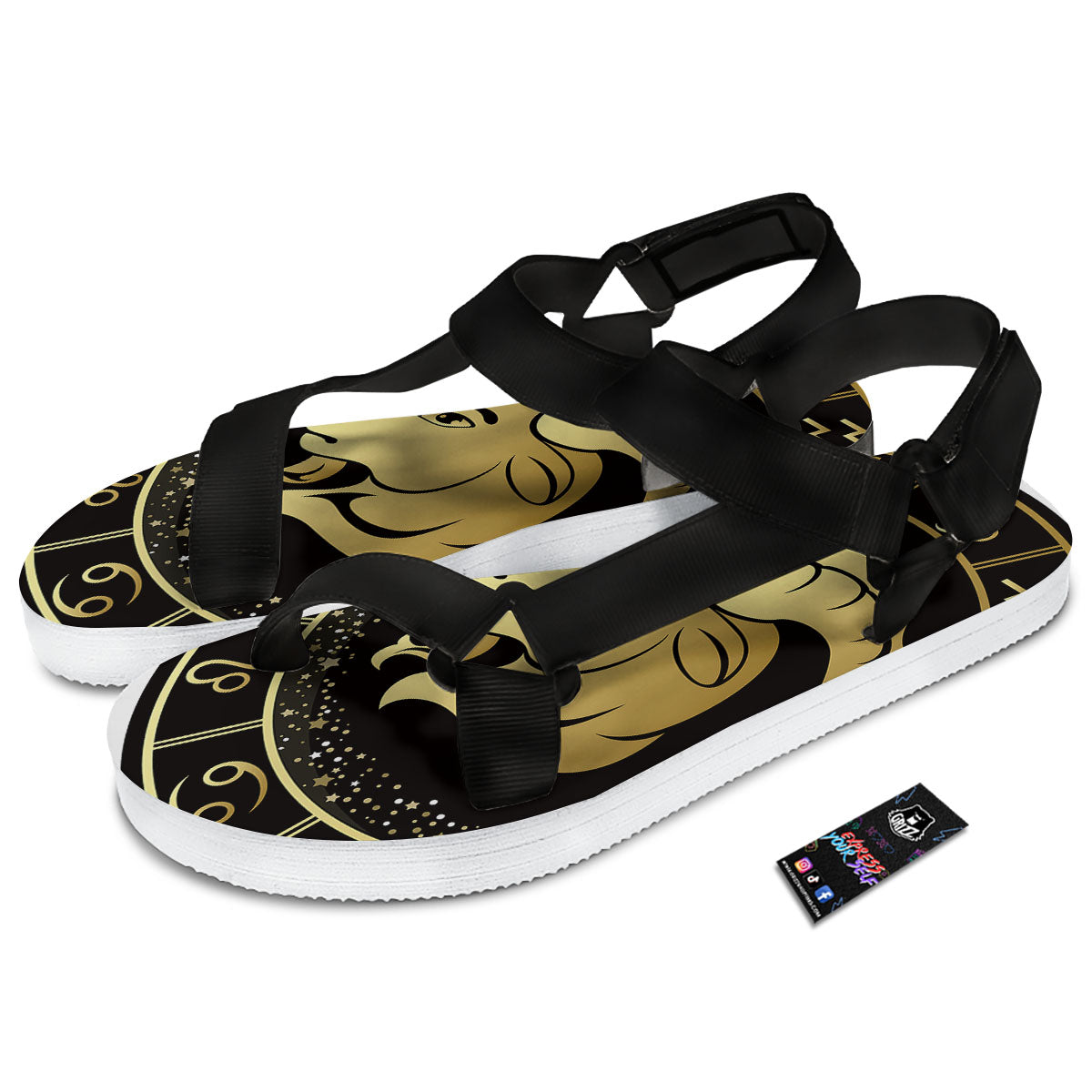 Capricorn Sign Black And Gold Print Black Open Toe Sandals-grizzshop