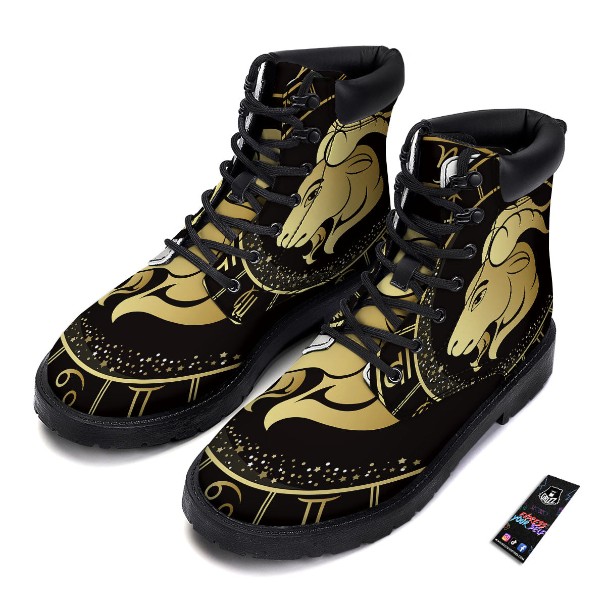 Capricorn Sign Black And Gold Print Boots-grizzshop
