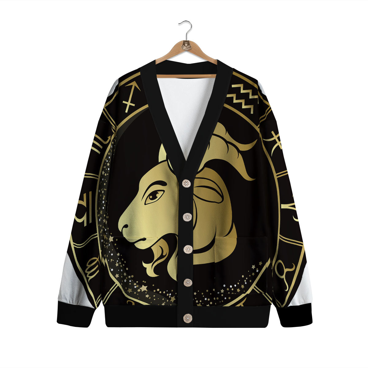 Capricorn Sign Black And Gold Print Cardigan-grizzshop