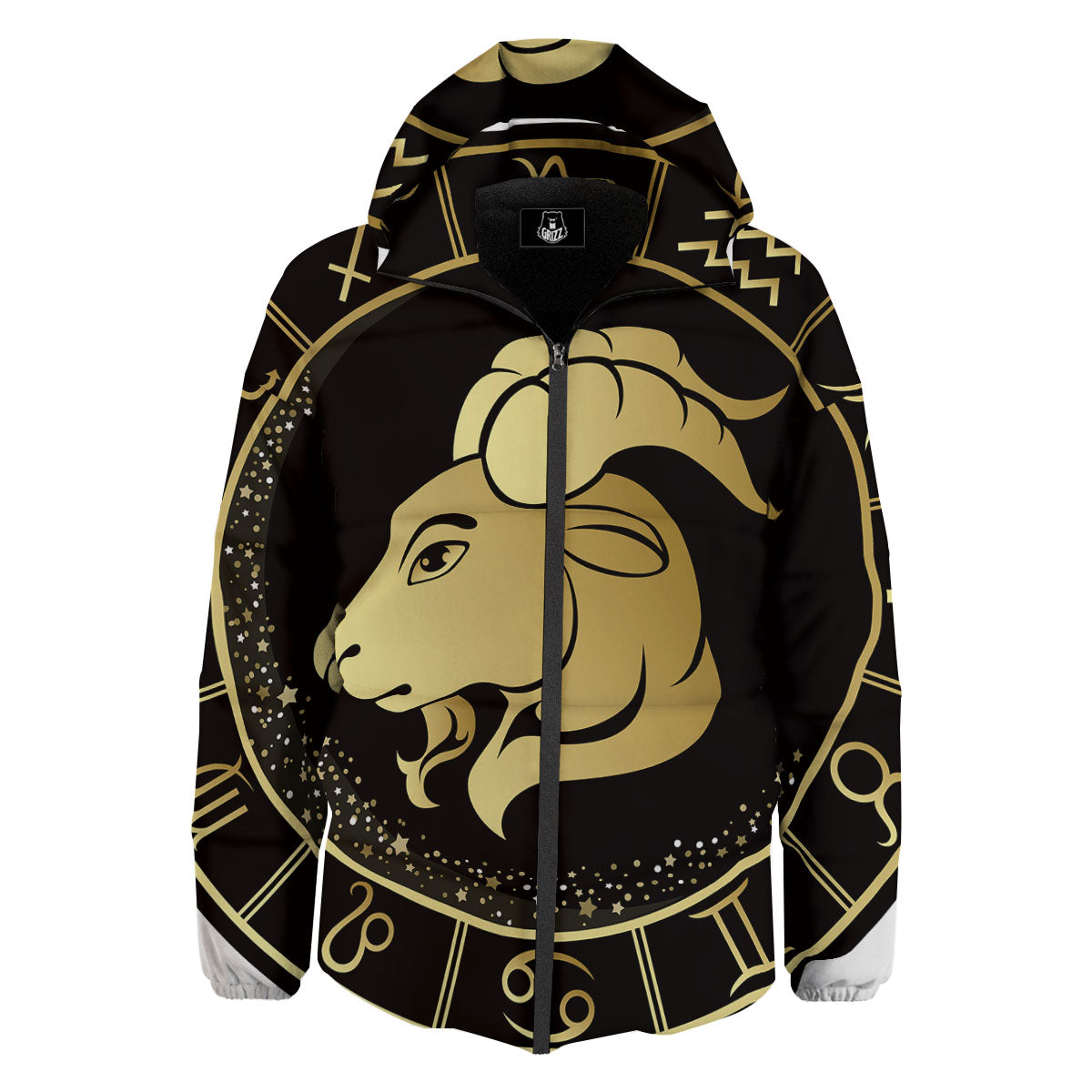 Capricorn Sign Black And Gold Print Down Jacket-grizzshop