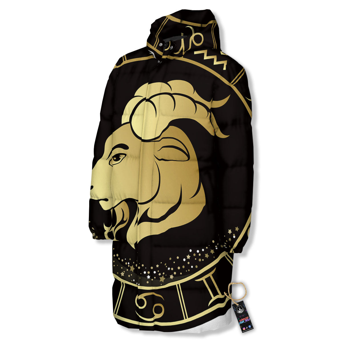 Capricorn Sign Black And Gold Print Long Down Jacket-grizzshop