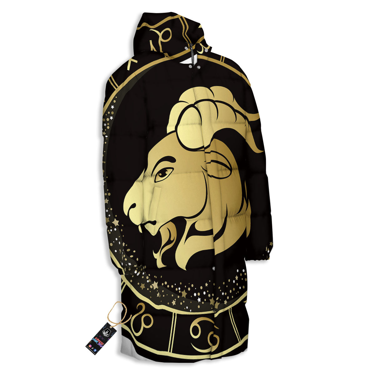Capricorn Sign Black And Gold Print Long Down Jacket-grizzshop