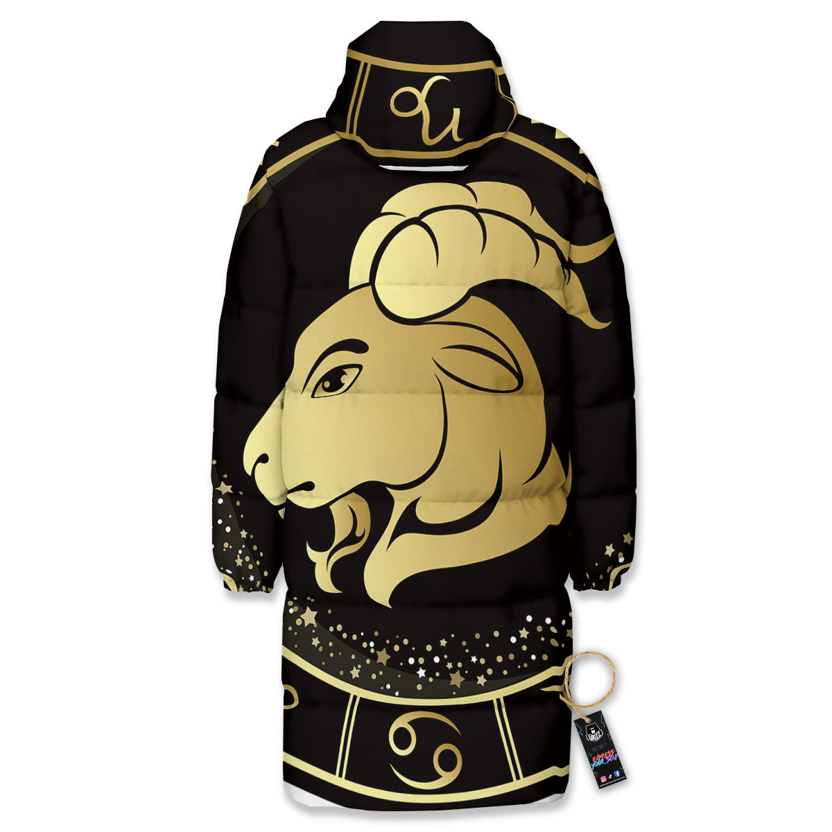 Capricorn Sign Black And Gold Print Long Down Jacket-grizzshop