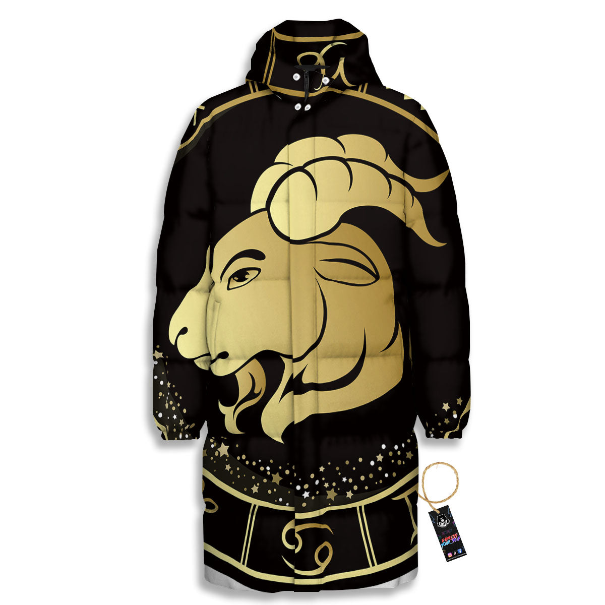 Capricorn Sign Black And Gold Print Long Down Jacket-grizzshop