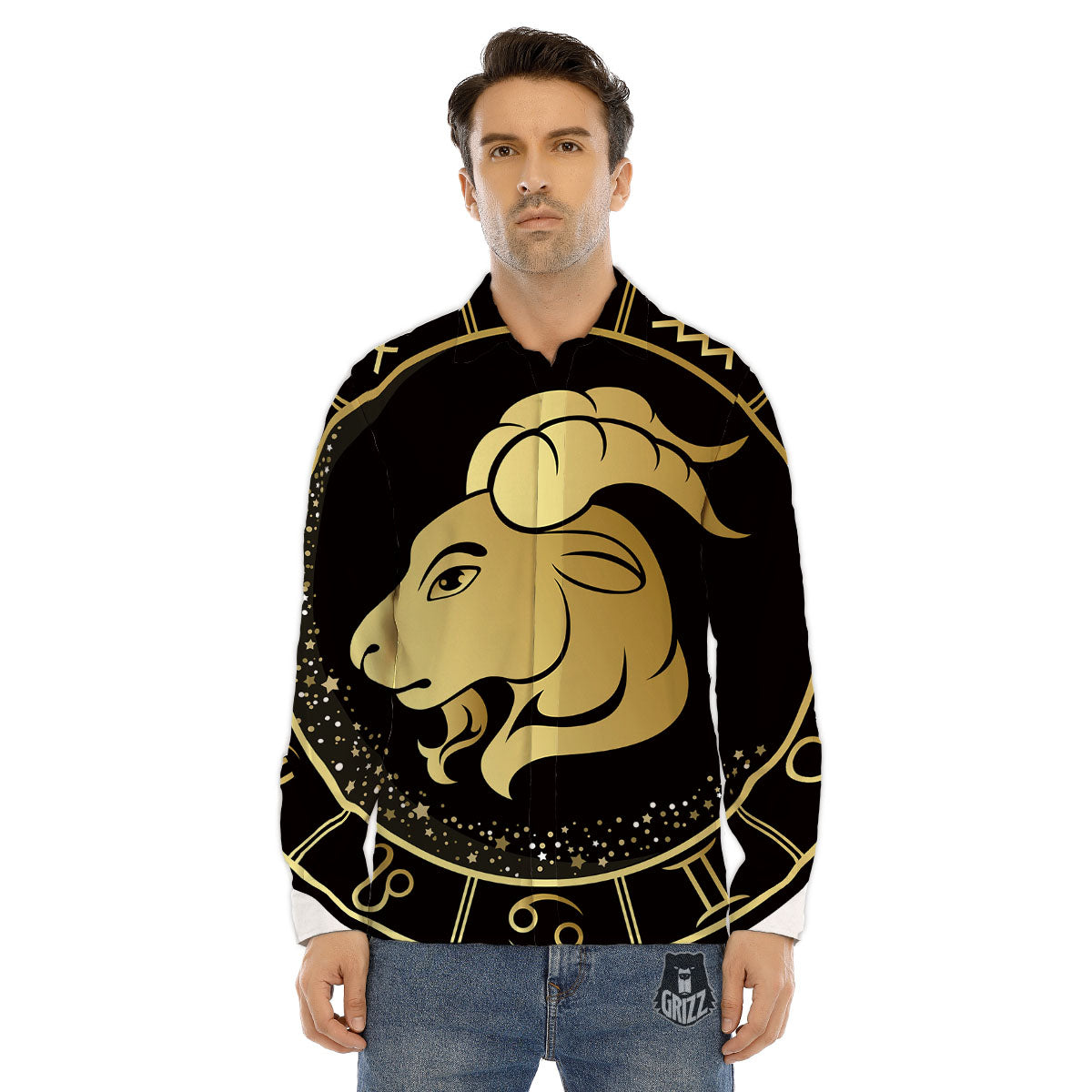 Capricorn Sign Black And Gold Print Men's Dress Shirts-grizzshop