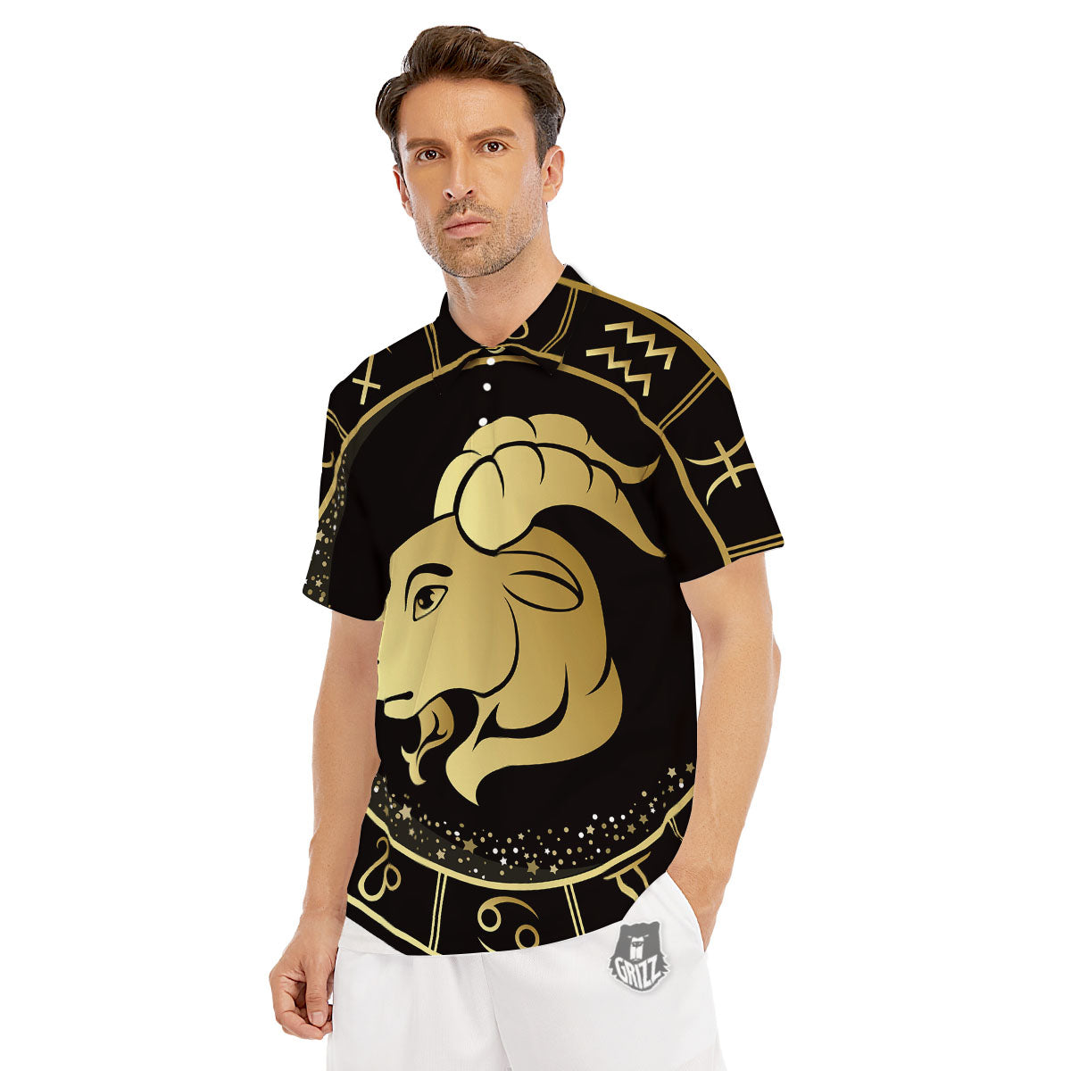 Capricorn Sign Black And Gold Print Men's Golf Shirts-grizzshop