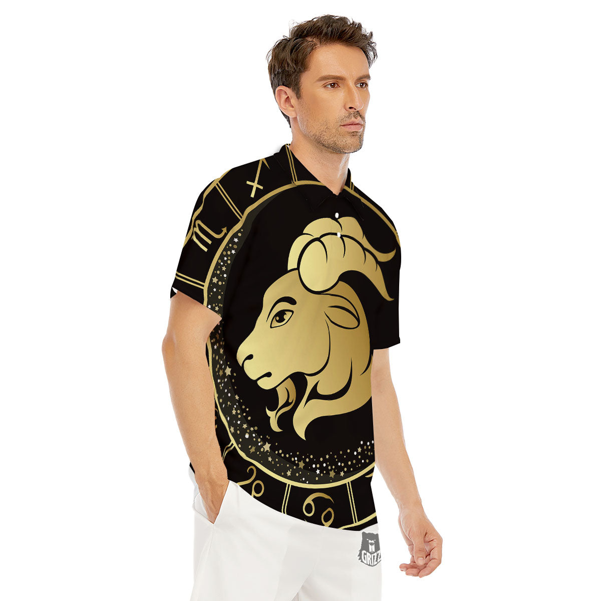 Capricorn Sign Black And Gold Print Men's Golf Shirts-grizzshop