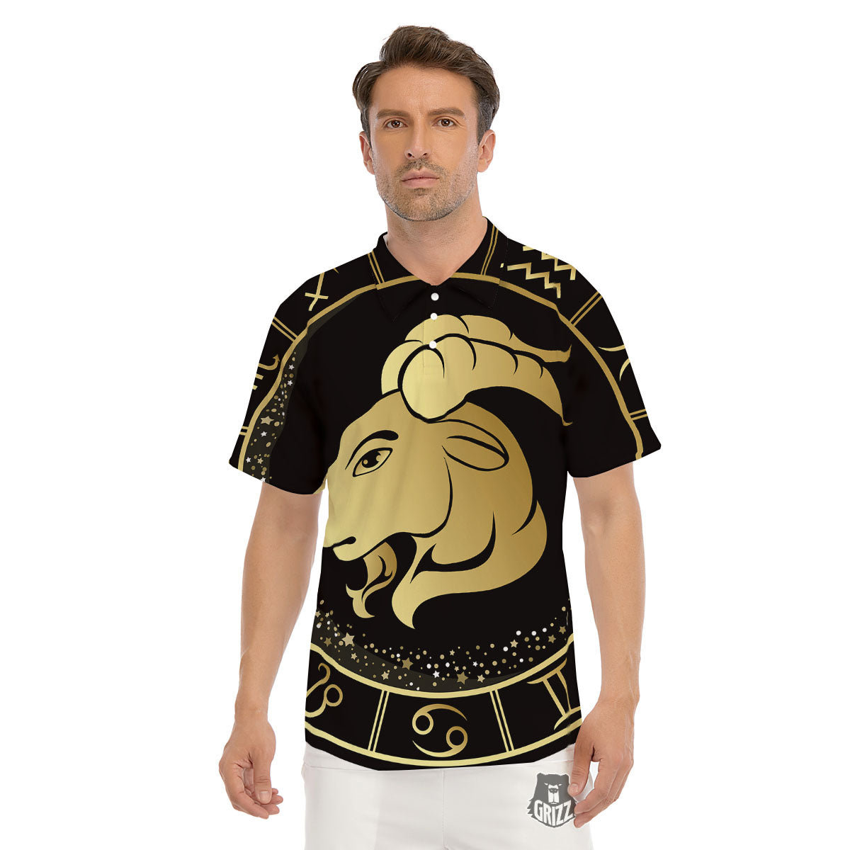 Capricorn Sign Black And Gold Print Men's Golf Shirts-grizzshop
