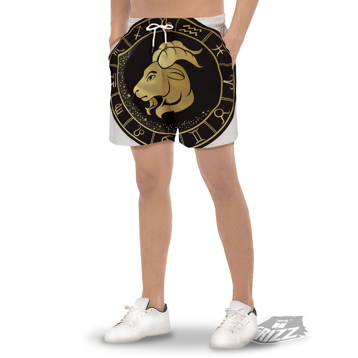 Capricorn Sign Black And Gold Print Men's Gym Shorts-grizzshop