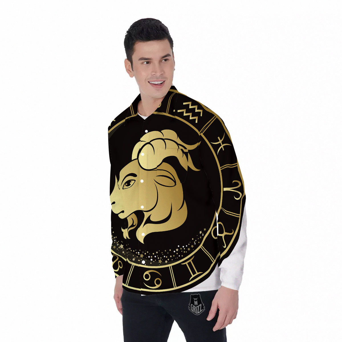 Capricorn Sign Black And Gold Print Men's Long Sleeve Shirts-grizzshop