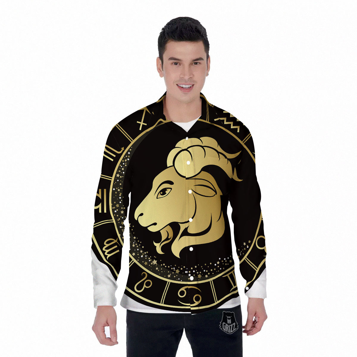 Capricorn Sign Black And Gold Print Men's Long Sleeve Shirts-grizzshop