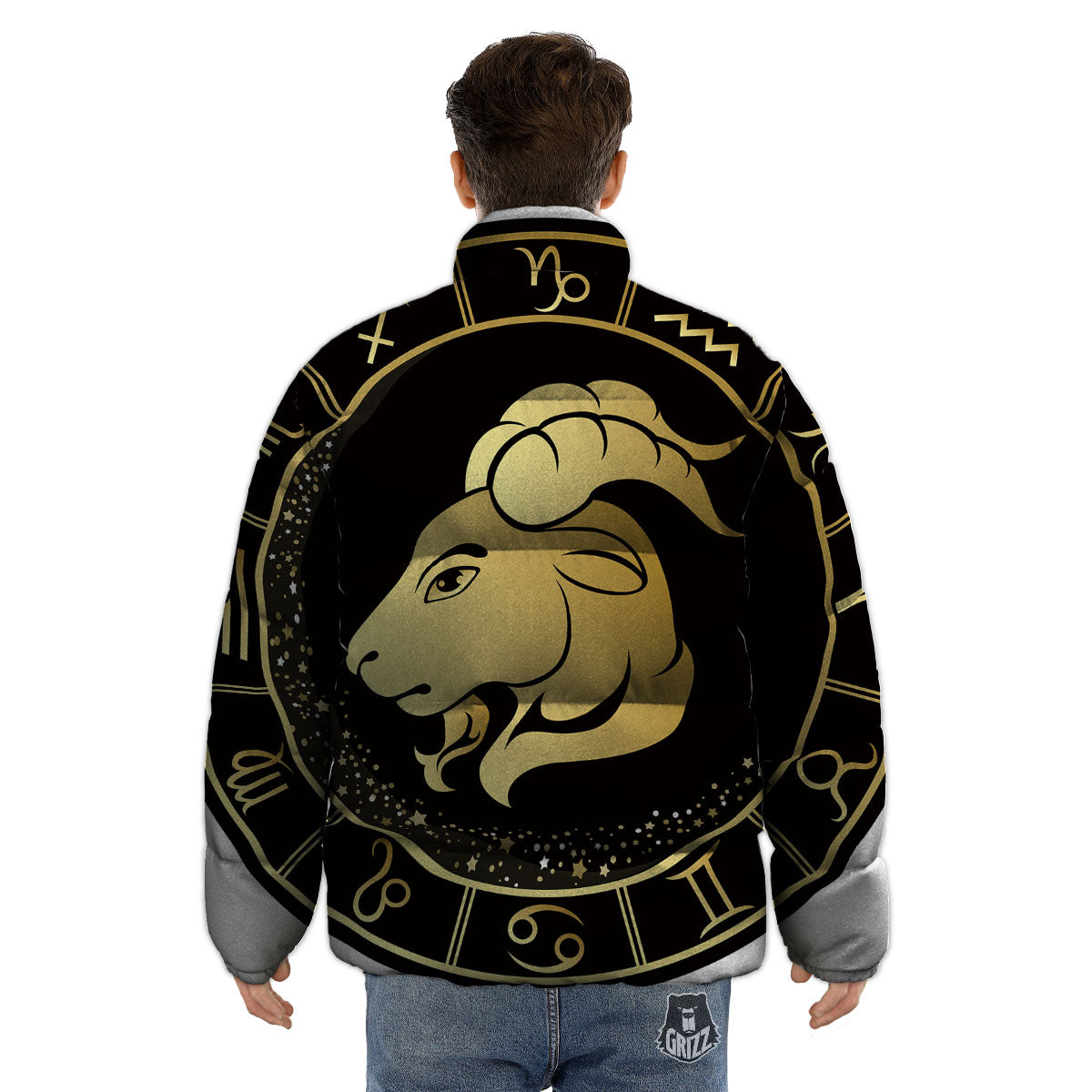Capricorn Sign Black And Gold Print Puffer Jacket-grizzshop