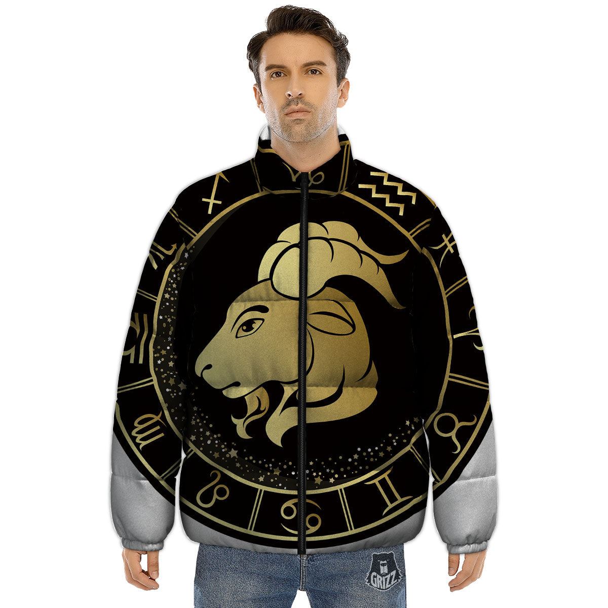 Capricorn Sign Black And Gold Print Puffer Jacket-grizzshop