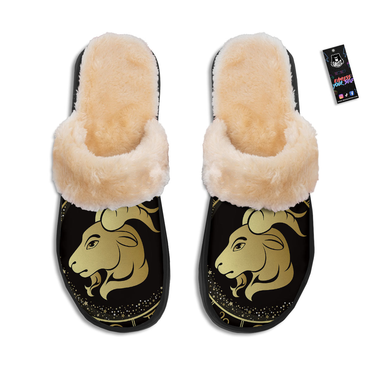 Capricorn Sign Black And Gold Print Slippers-grizzshop