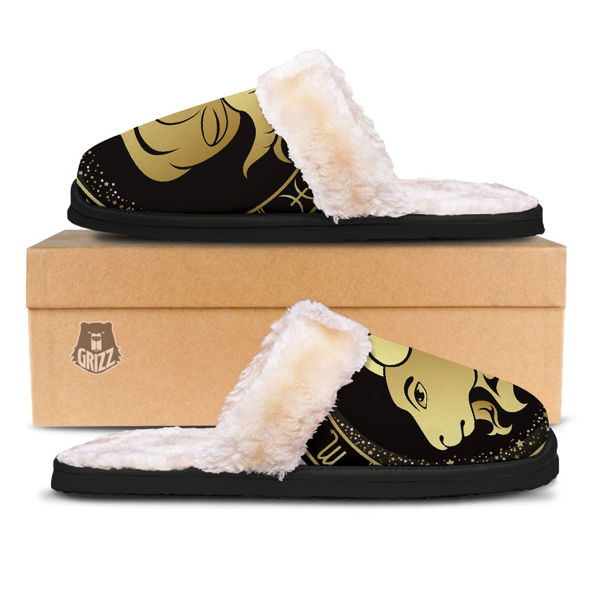 Capricorn Sign Black And Gold Print Slippers-grizzshop