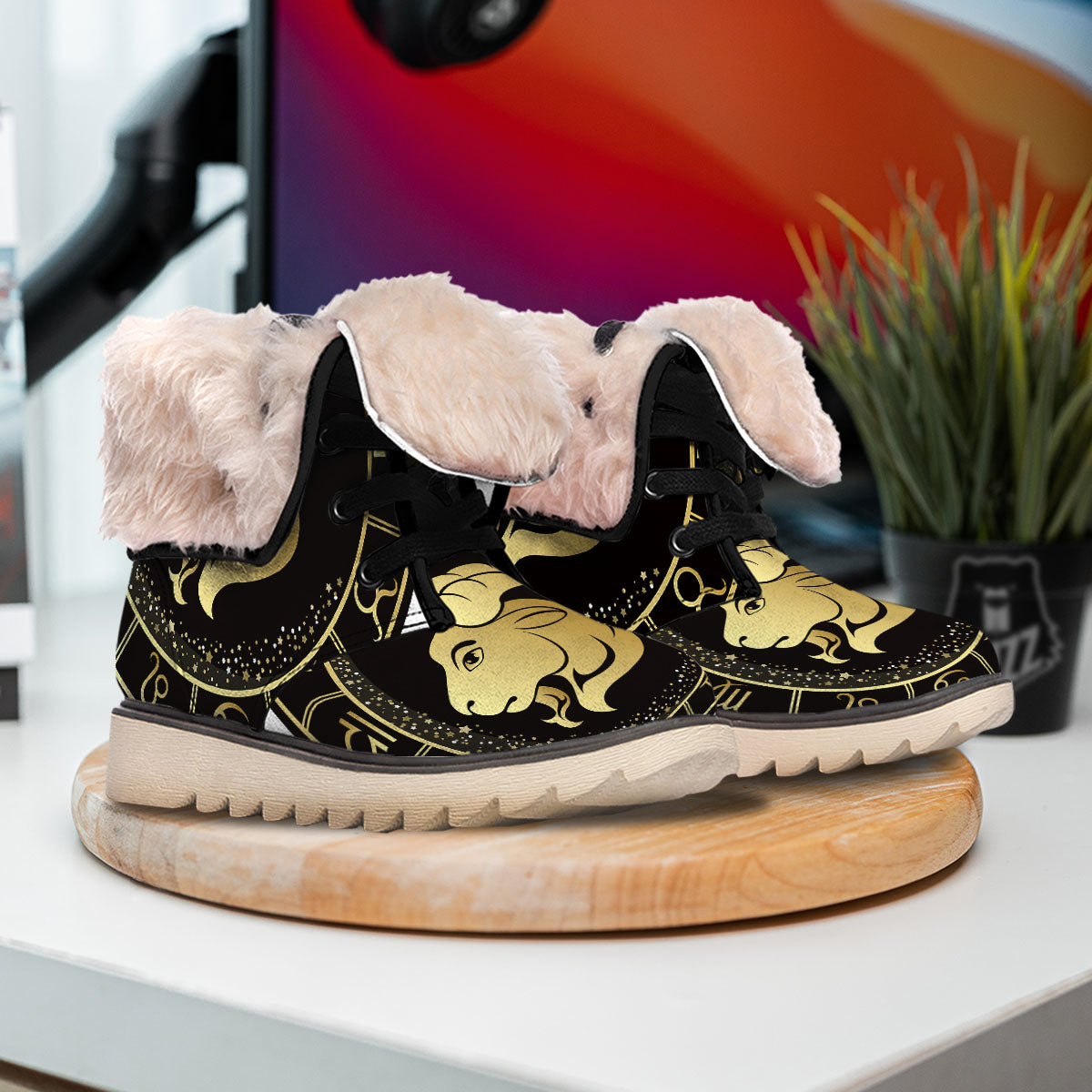 Capricorn Sign Black And Gold Print Snow Boots-grizzshop