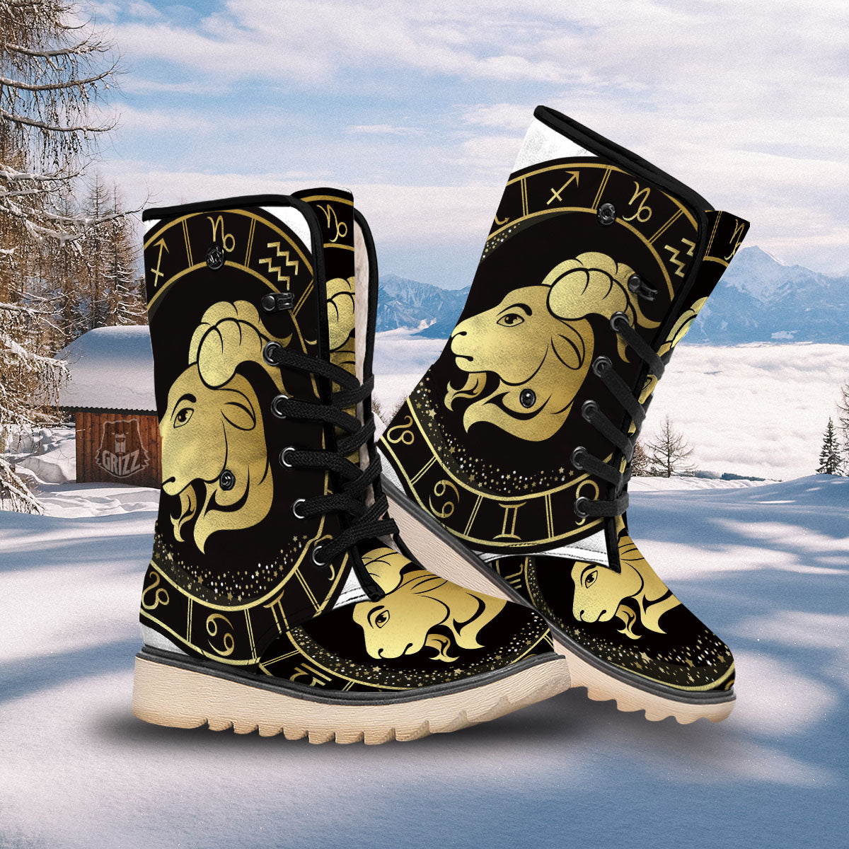 Capricorn Sign Black And Gold Print Snow Boots-grizzshop