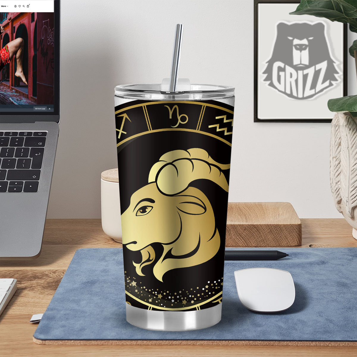 Capricorn Sign Black And Gold Print Tumbler-grizzshop