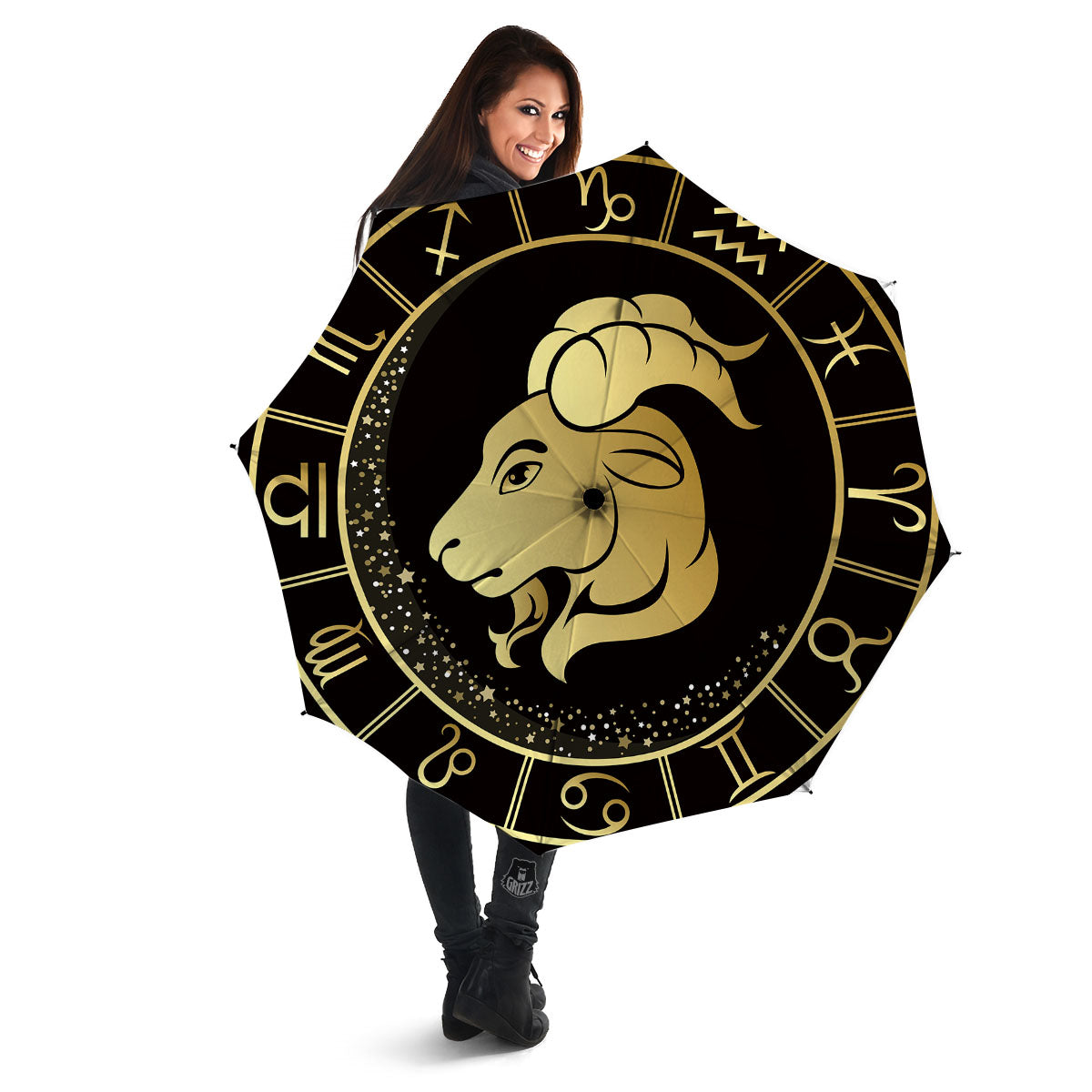 Capricorn Sign Black And Gold Print Umbrella-grizzshop