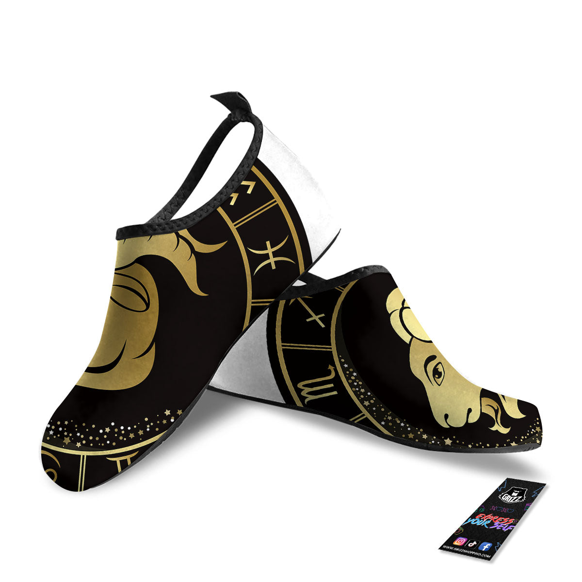 Capricorn Sign Black And Gold Print Water Shoes-grizzshop