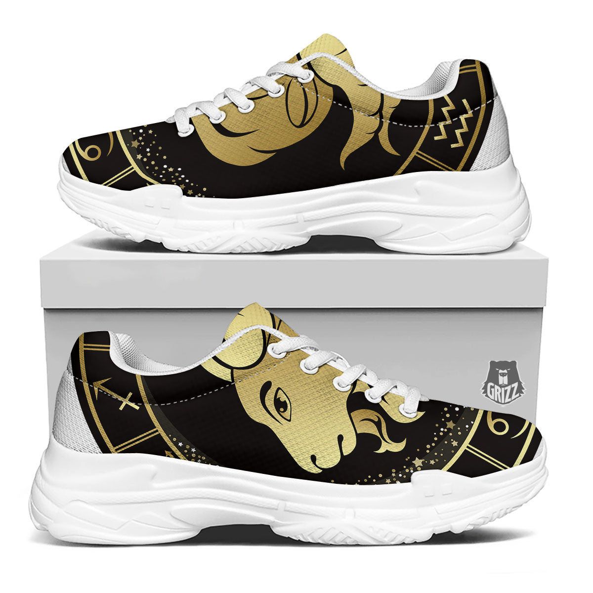 Capricorn Sign Black And Gold Print White Chunky Shoes-grizzshop