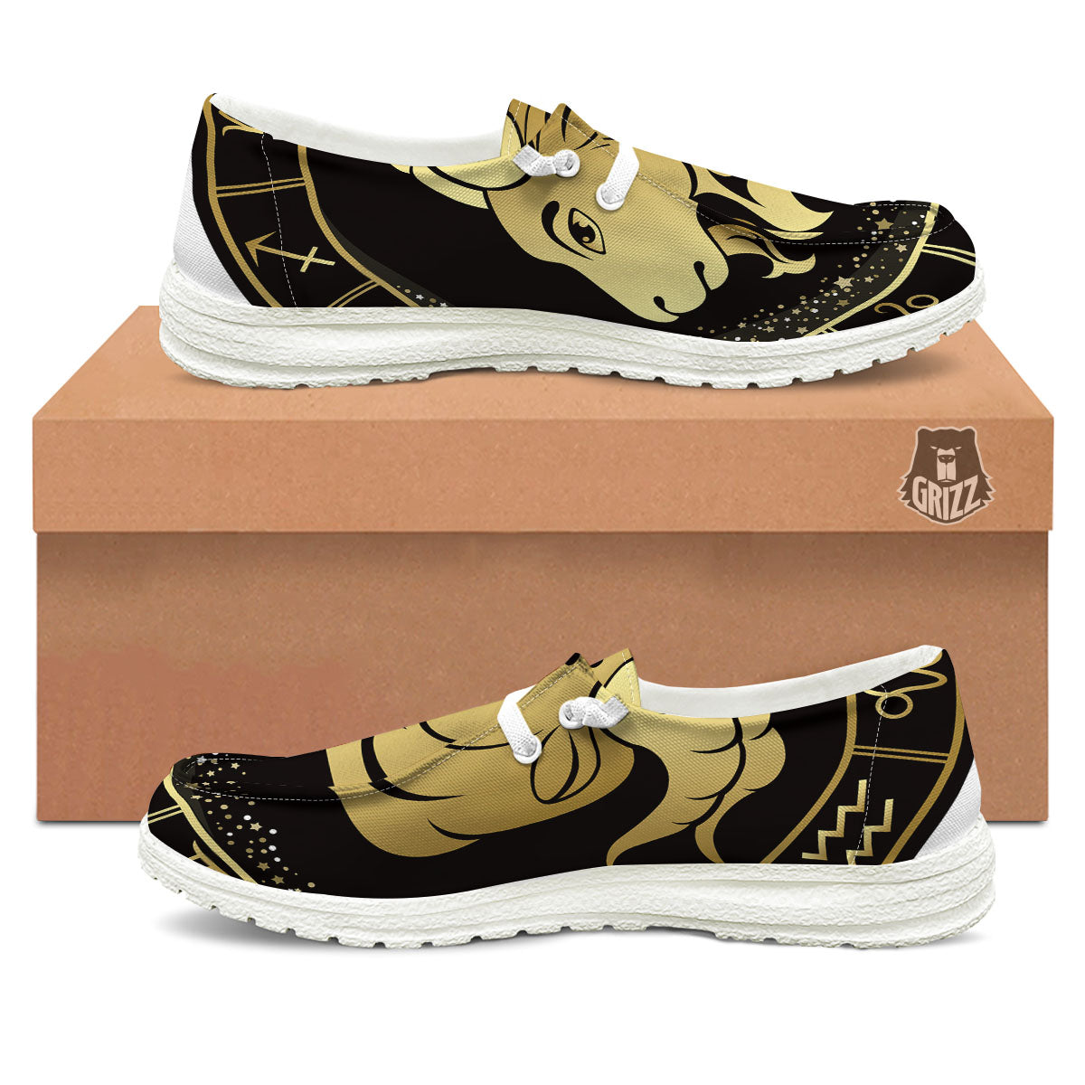 Capricorn Sign Black And Gold Print White Loafers-grizzshop