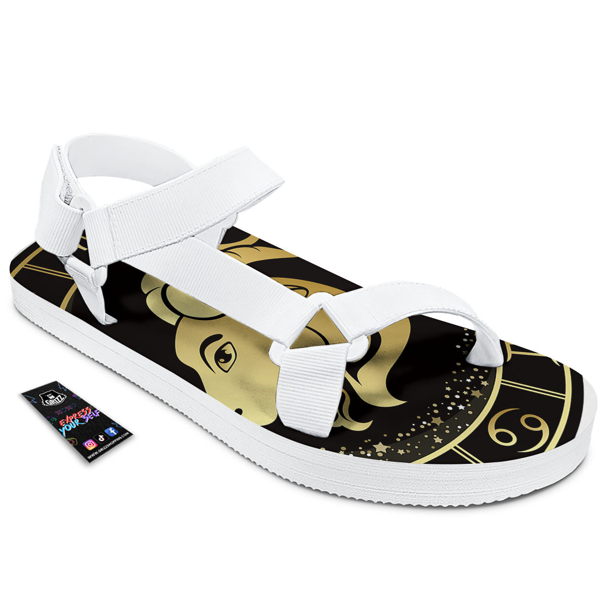 Capricorn Sign Black And Gold Print White Open Toe Sandals-grizzshop