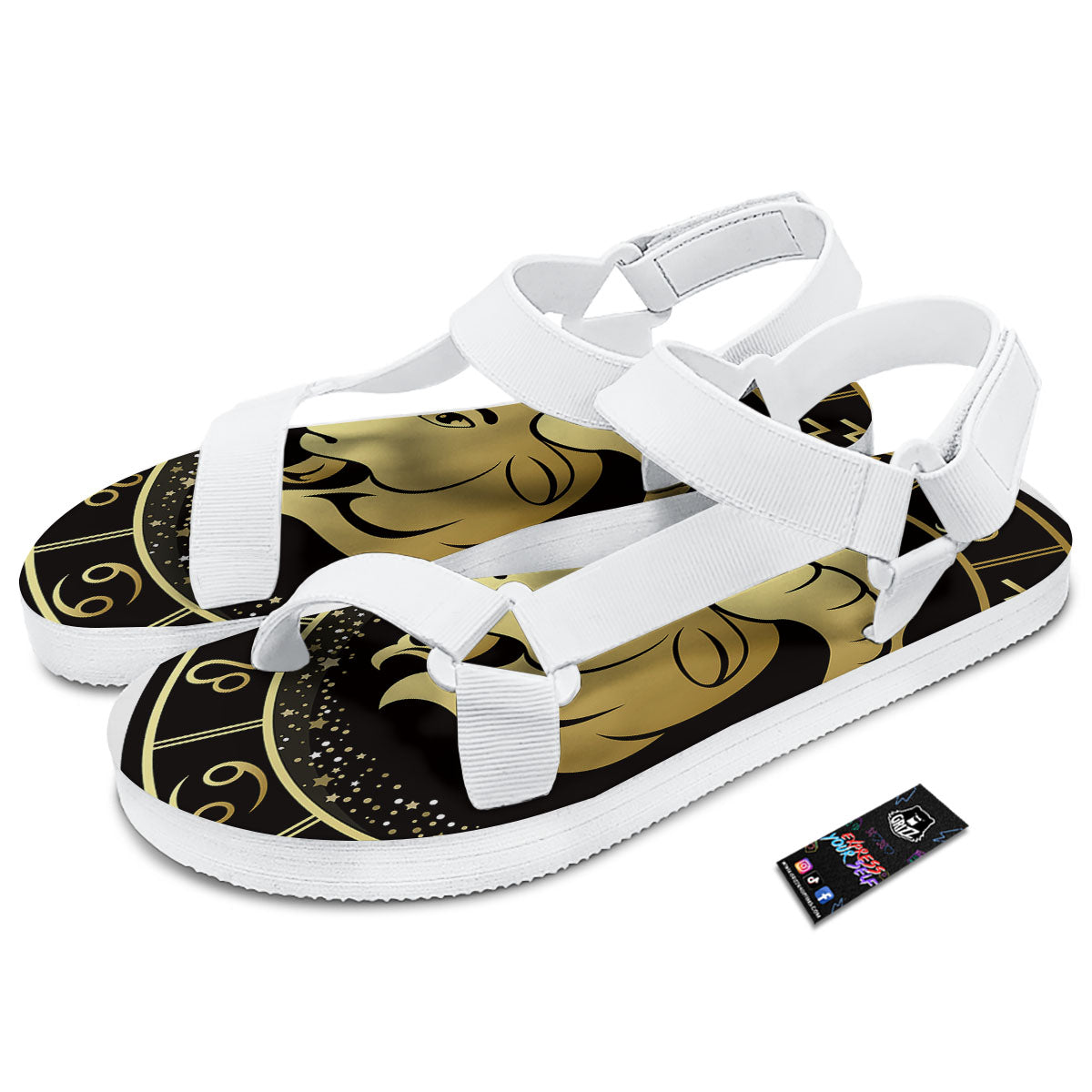 Capricorn Sign Black And Gold Print White Open Toe Sandals-grizzshop