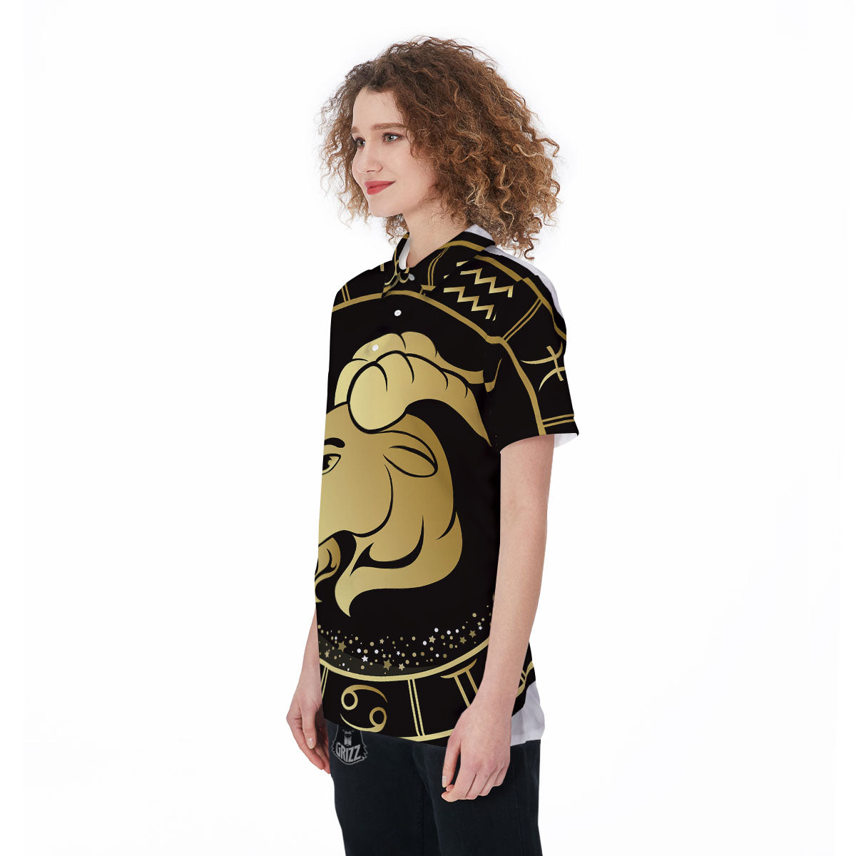 Capricorn Sign Black And Gold Print Women's Golf Shirts-grizzshop