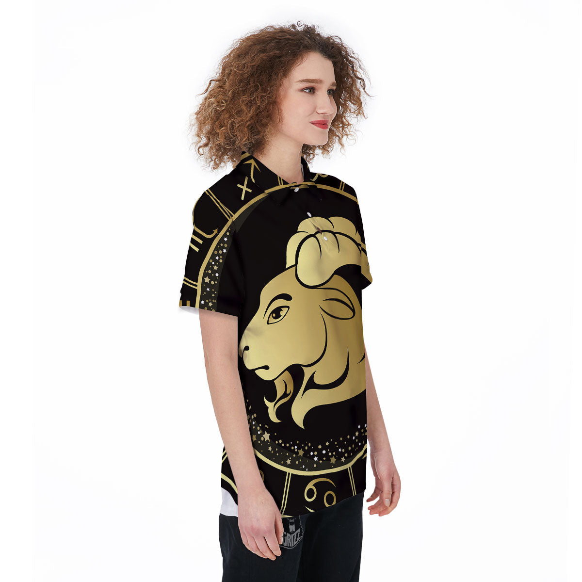Capricorn Sign Black And Gold Print Women's Golf Shirts-grizzshop