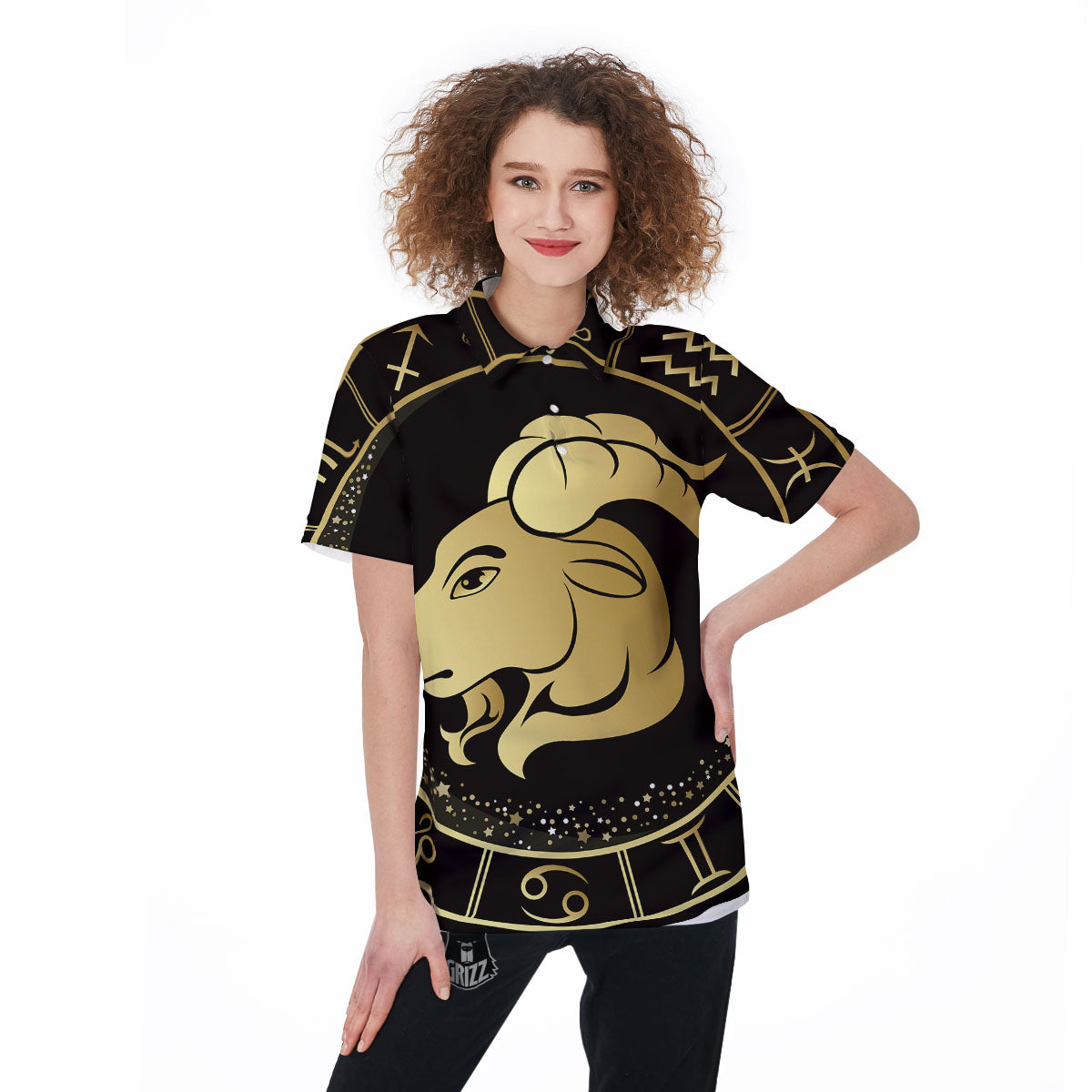 Capricorn Sign Black And Gold Print Women's Golf Shirts-grizzshop