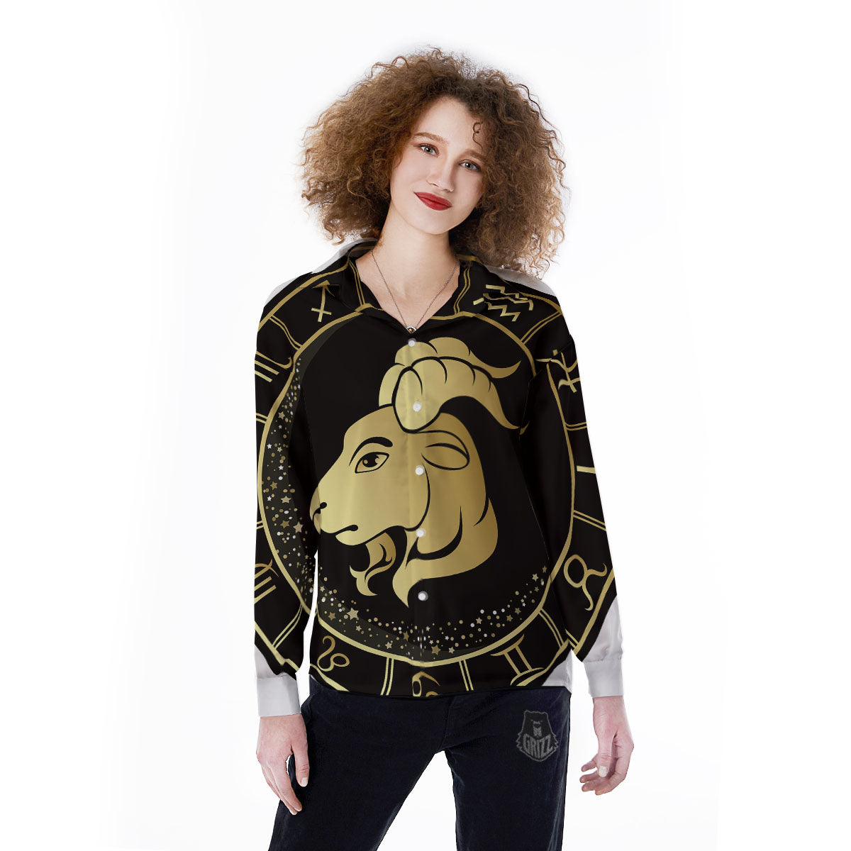 Capricorn Sign Black And Gold Print Women's Long Sleeve Shirts-grizzshop