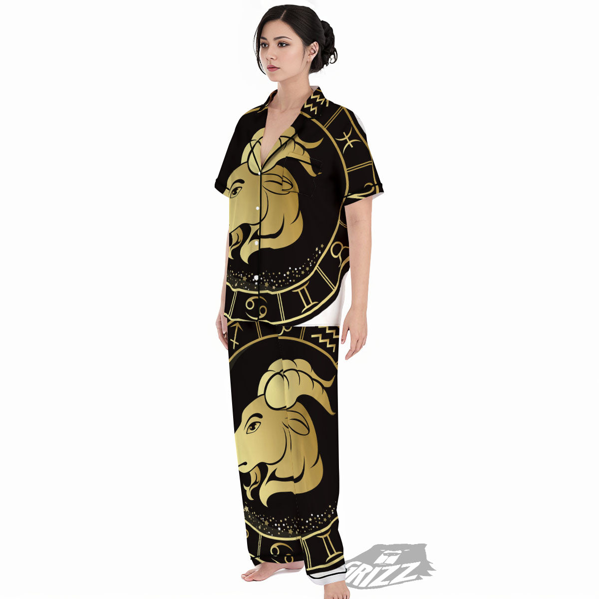 Capricorn Sign Black And Gold Print Women's Pajamas Set-grizzshop