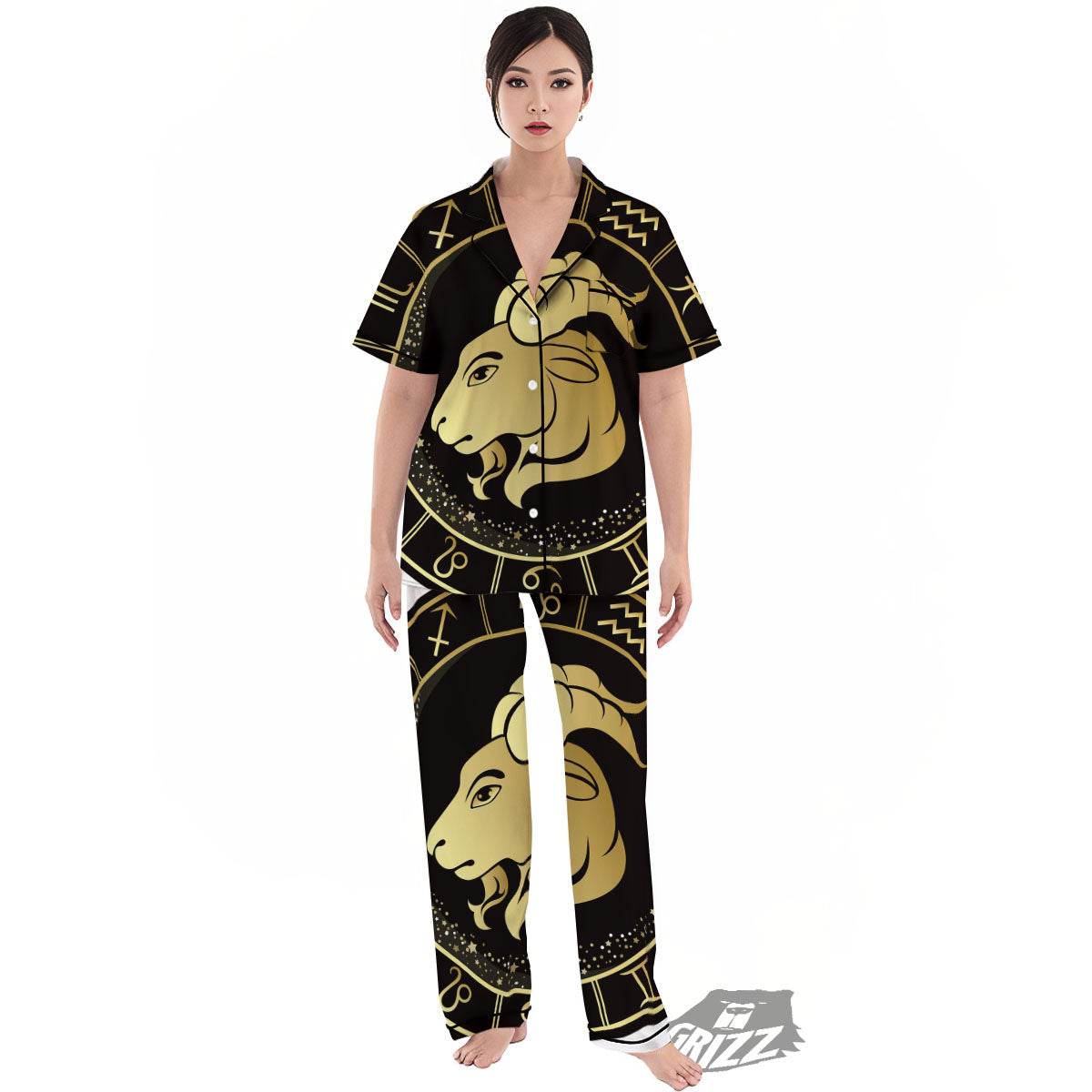 Capricorn Sign Black And Gold Print Women's Pajamas Set-grizzshop
