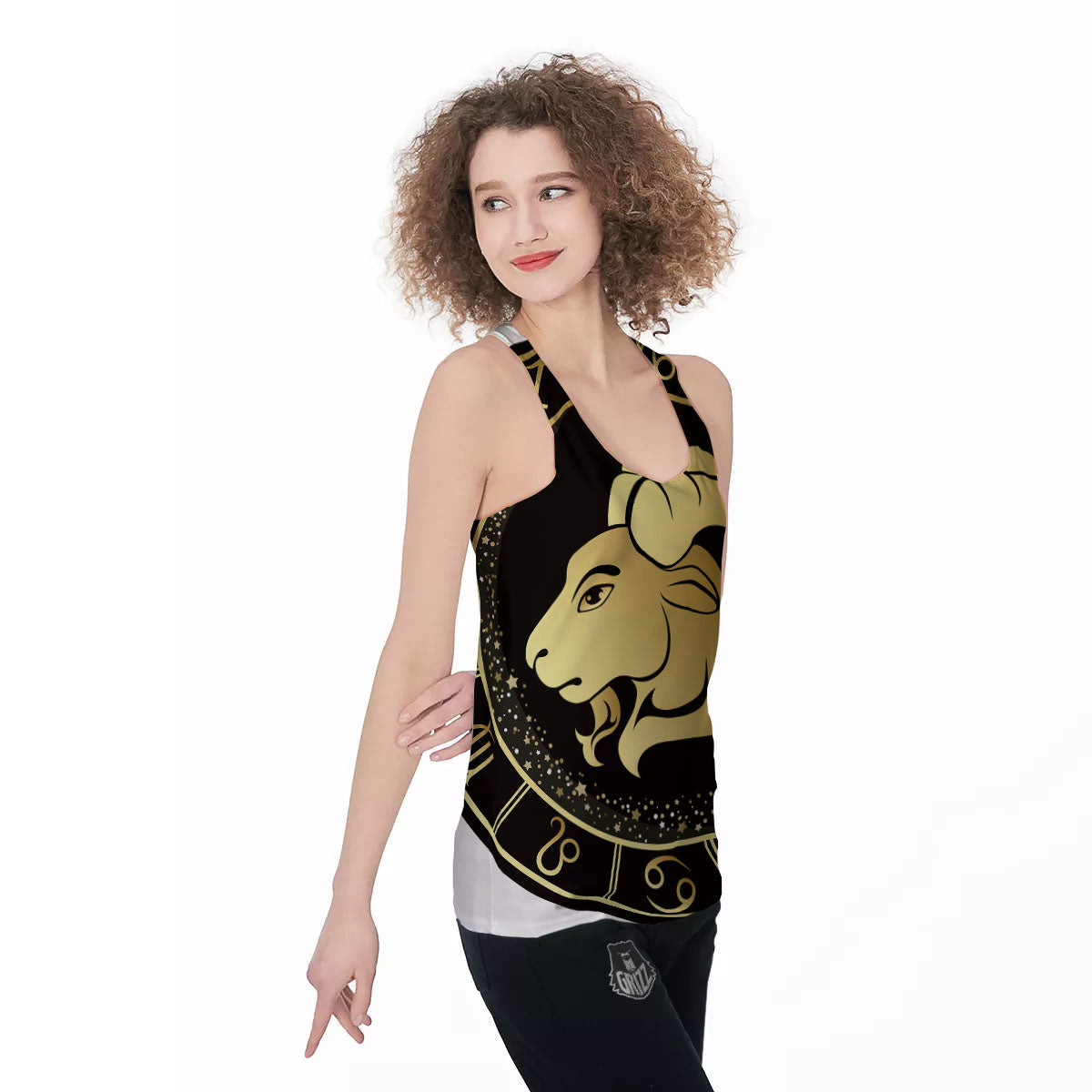 Capricorn Sign Black And Gold Print Women's Racerback Tank Top-grizzshop