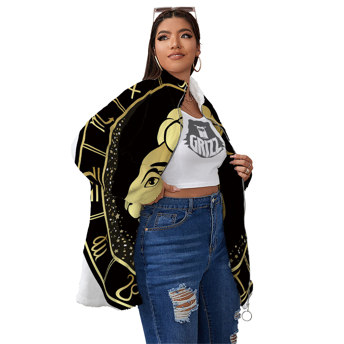 Capricorn Sign Black And Gold Print Women's Sherpa Jacket-grizzshop