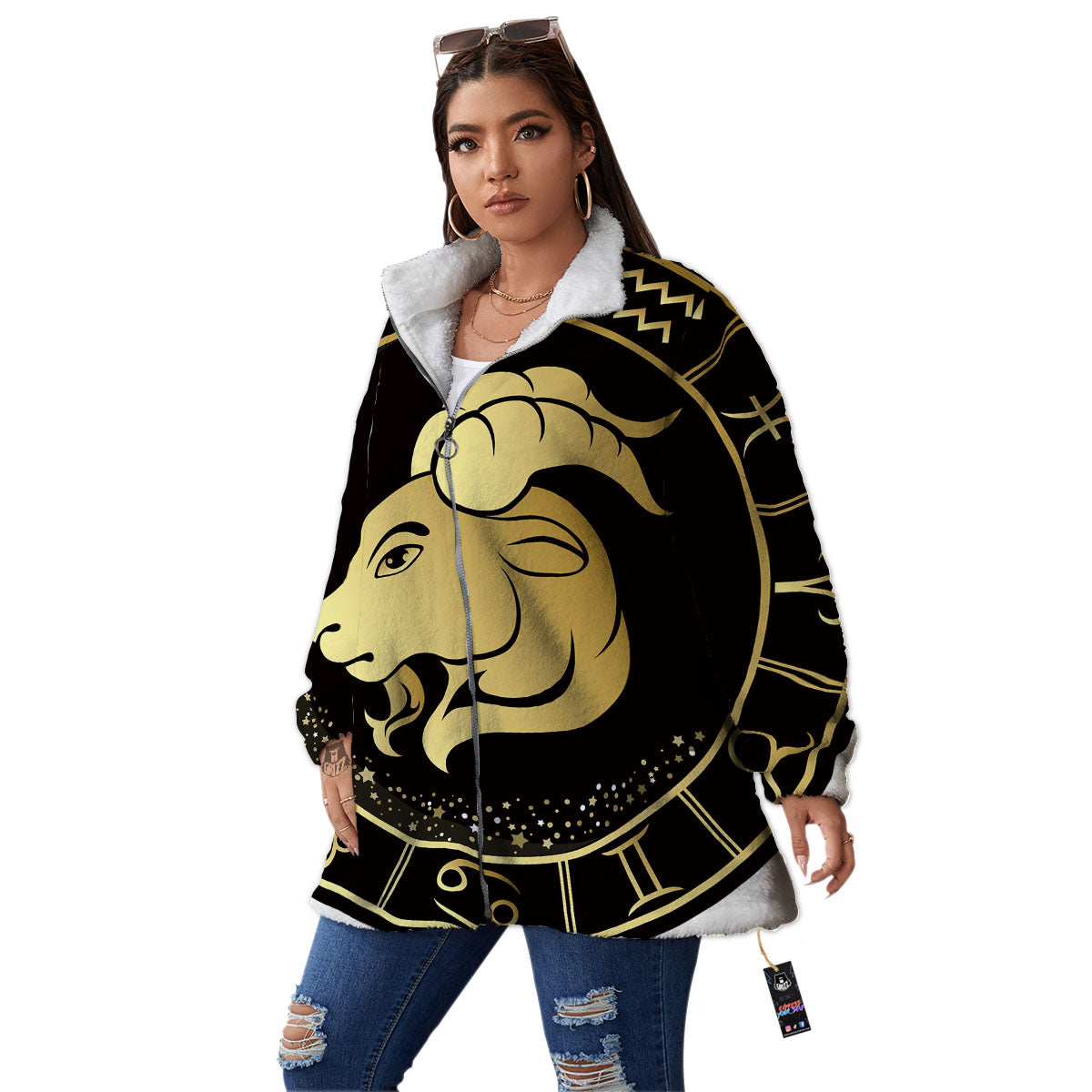 Capricorn Sign Black And Gold Print Women's Sherpa Jacket-grizzshop
