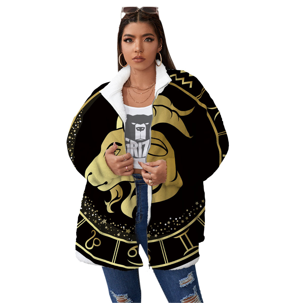 Capricorn Sign Black And Gold Print Women's Sherpa Jacket-grizzshop