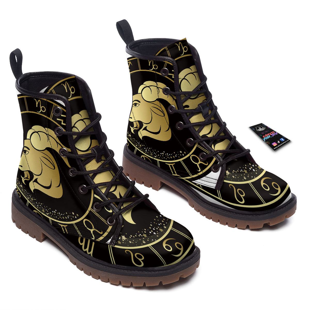 Capricorn Sign Black And Gold Print Work Boots-grizzshop