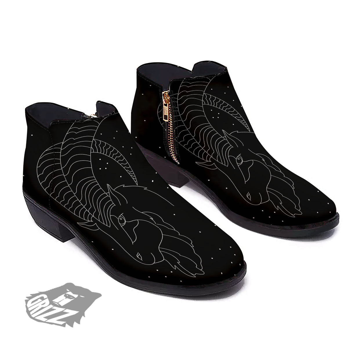 Capricorn Sign White And Black Print Ankle Boots-grizzshop